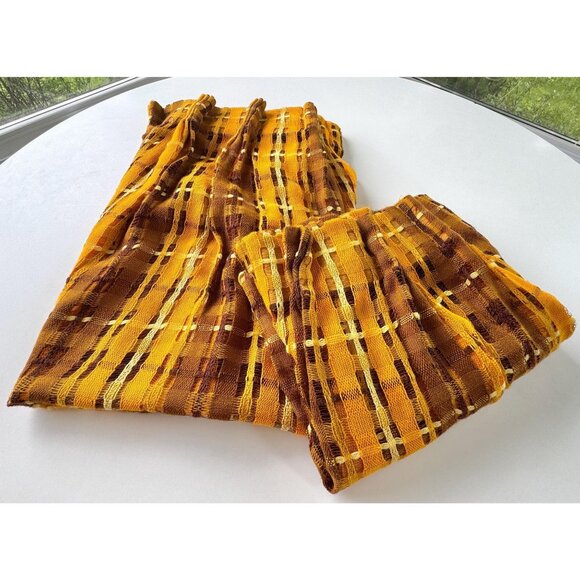 Vintage 70s pleated curtains, orange, yellow, brown plaid, pair of mesh panels - Picture 1 of 10